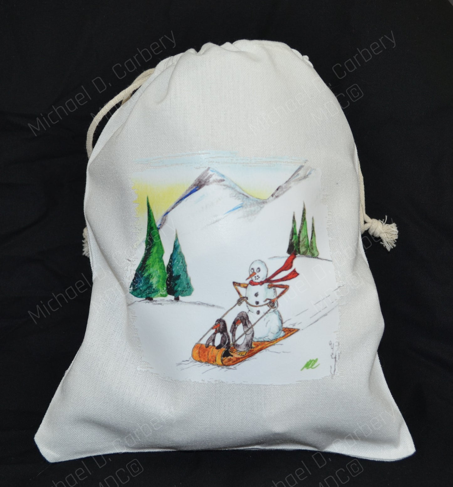 Sledding Snowman with his Penguins Friends drawstring gift bag