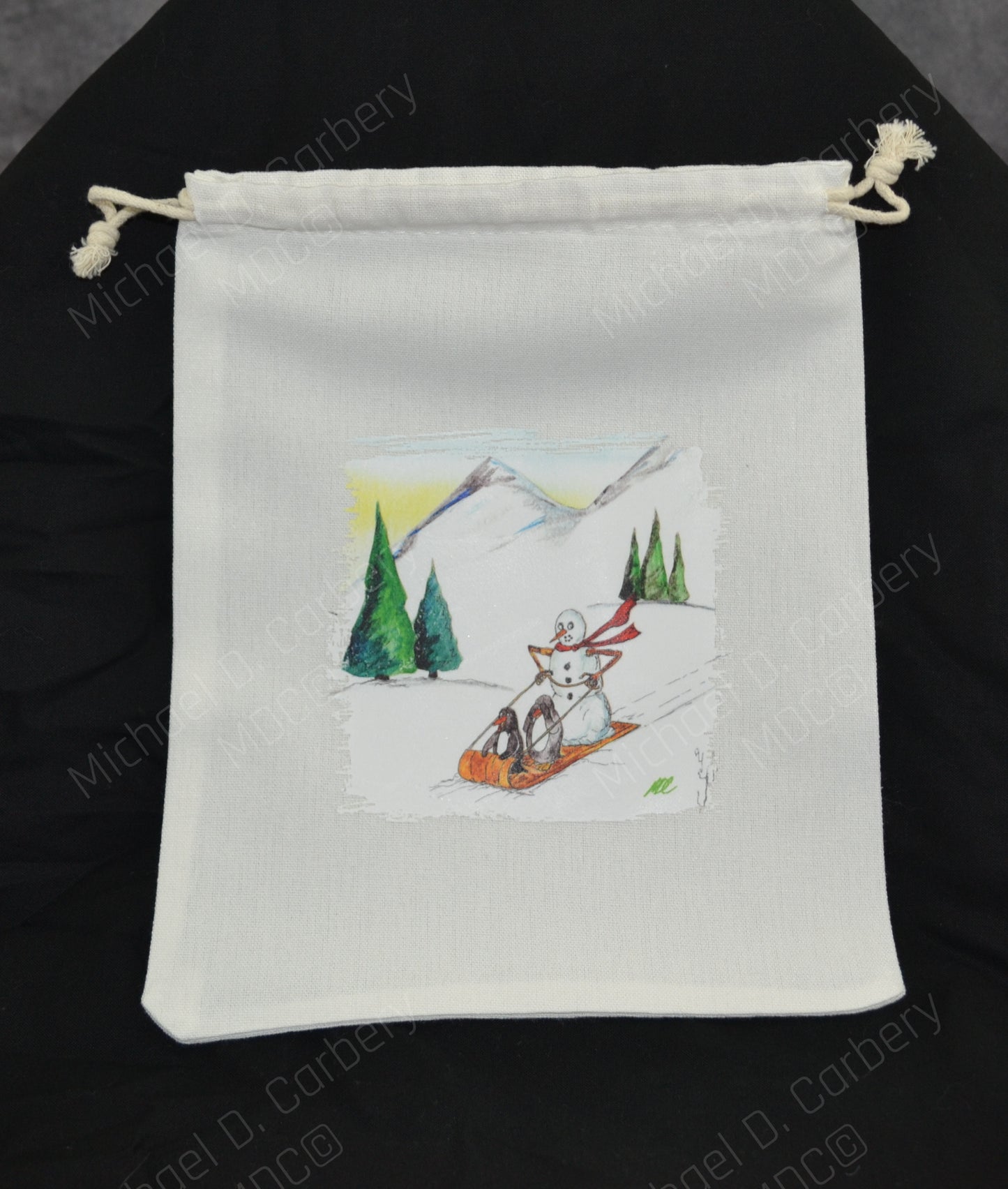 Sledding Snowman with his Penguins Friends drawstring gift bag