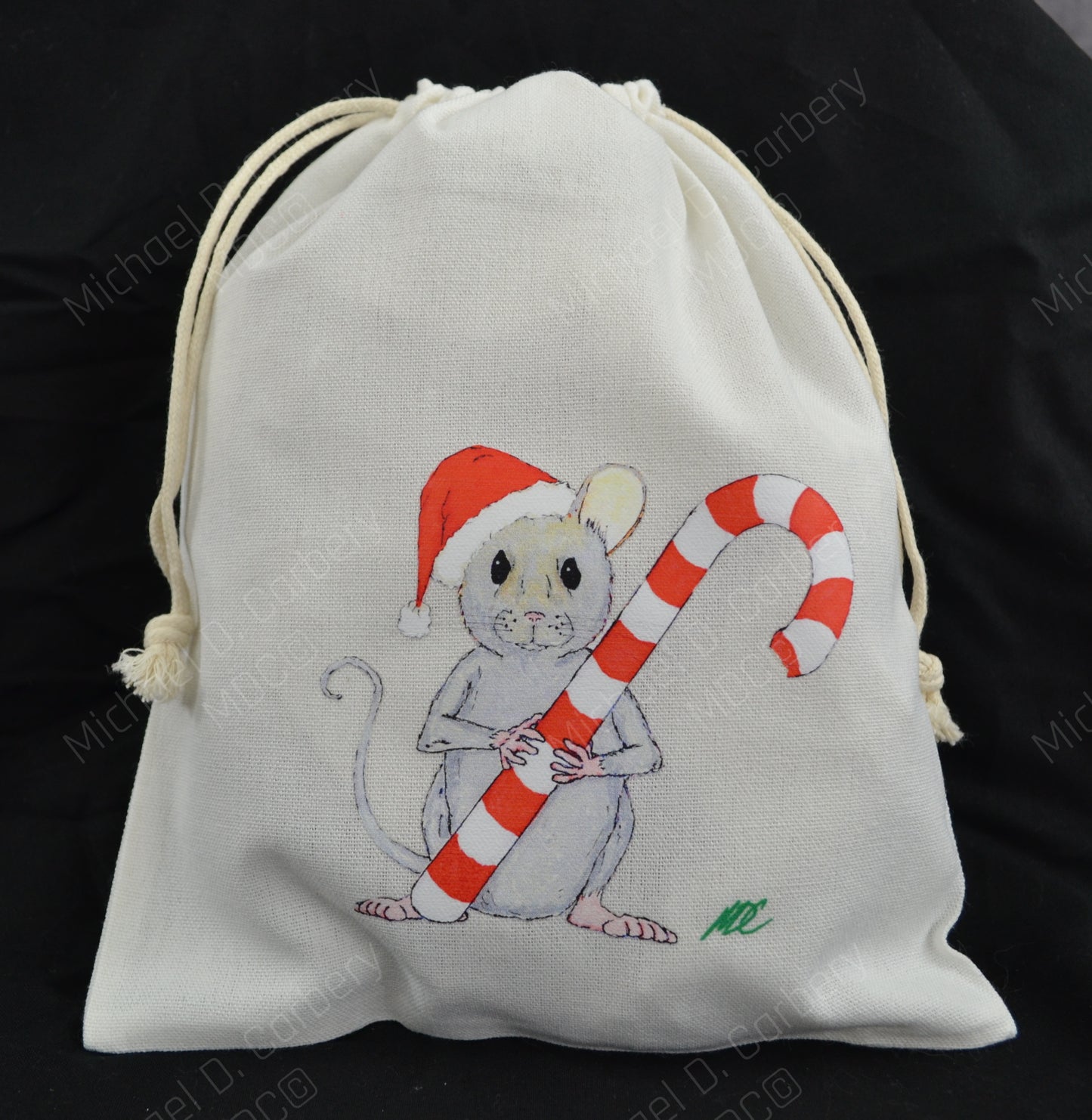 Santa Mouse holding a candy cane gift bag