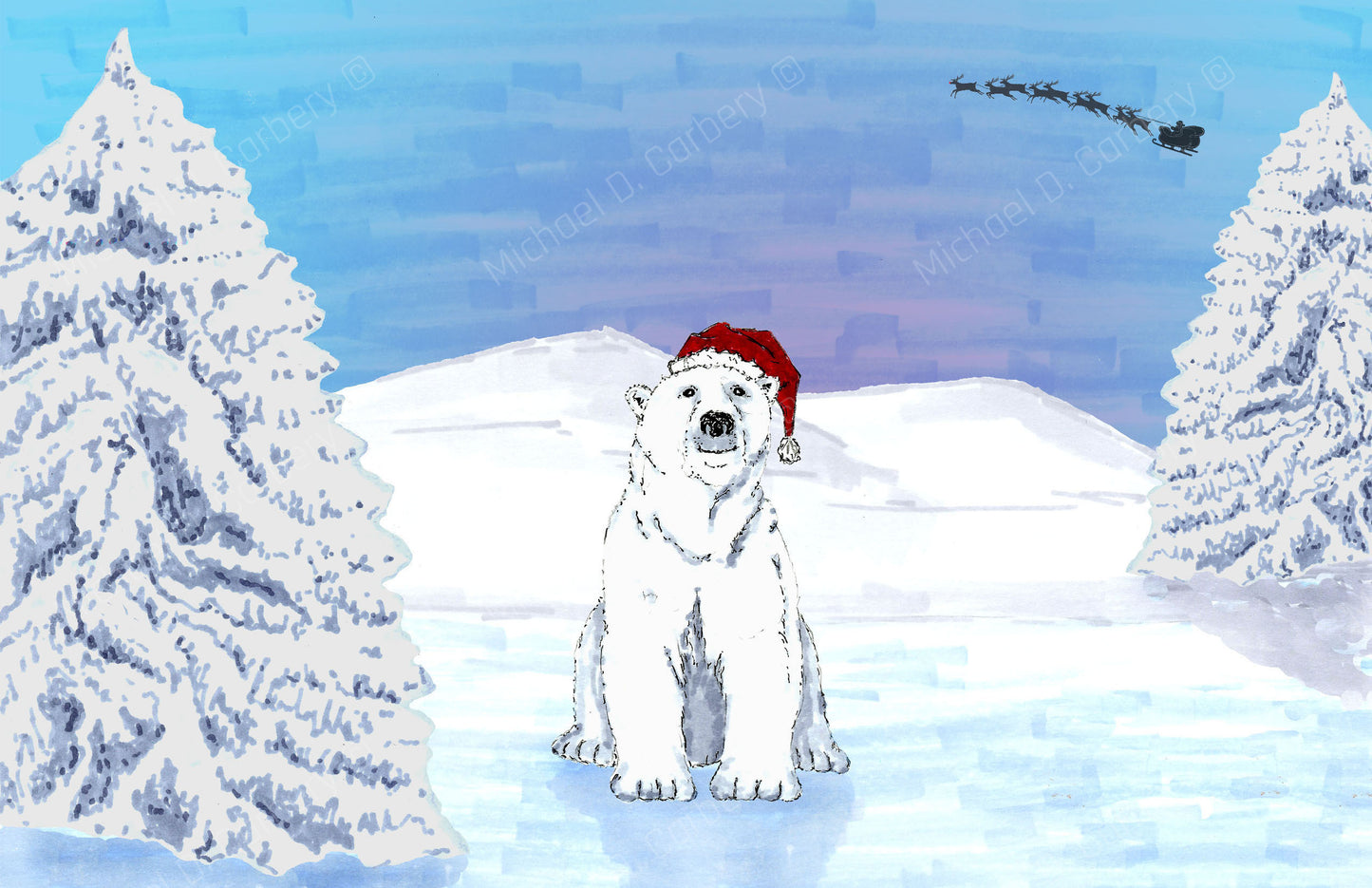 Polar Bear looking up at Santa - Christmas Card - 6 Pack