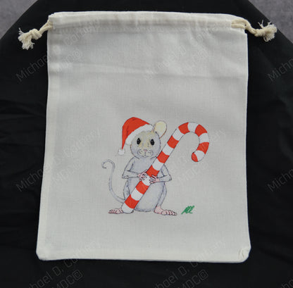Santa Mouse holding a candy cane gift bag