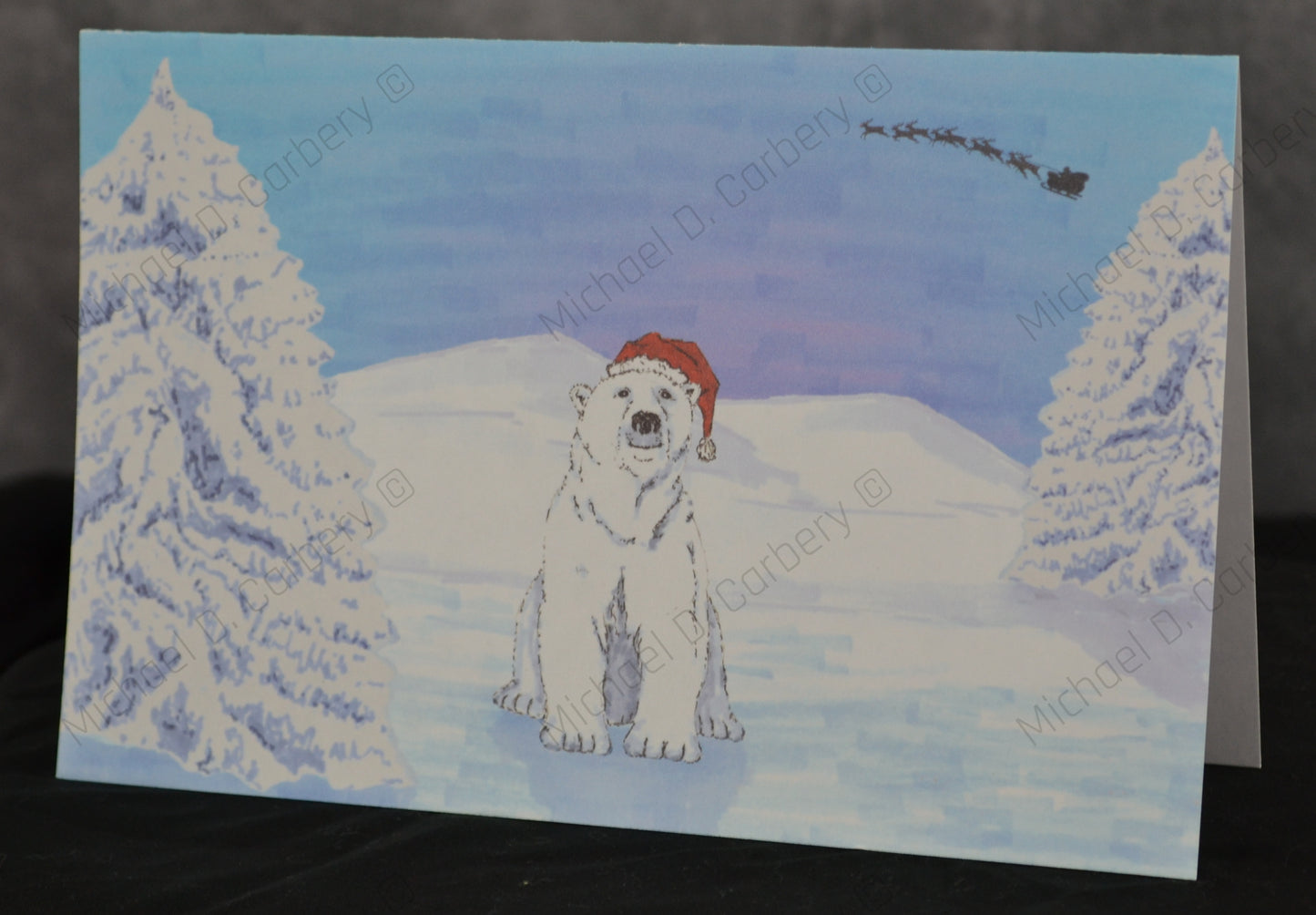 Polar Bear looking up at Santa - Christmas Card - 6 Pack