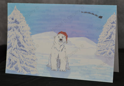 Polar Bear looking up at Santa - Christmas Card - 6 Pack