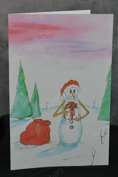 Snowman holding a Present Card - 6 pack